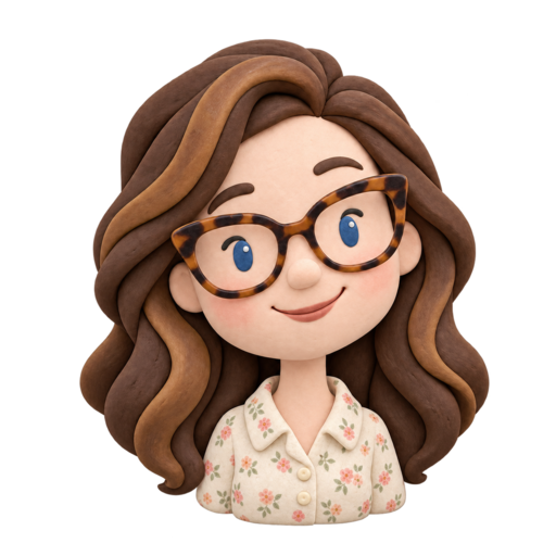 Clay character of Hillary with blue eyes, glasses and a floral shirt