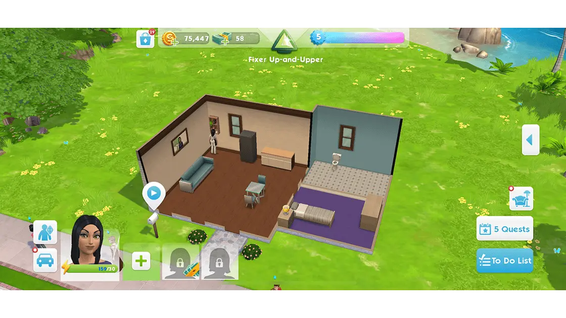 The Sims Mobile gameplay screen showing the home, currencies, level progress, Sim controls, quests and to do list