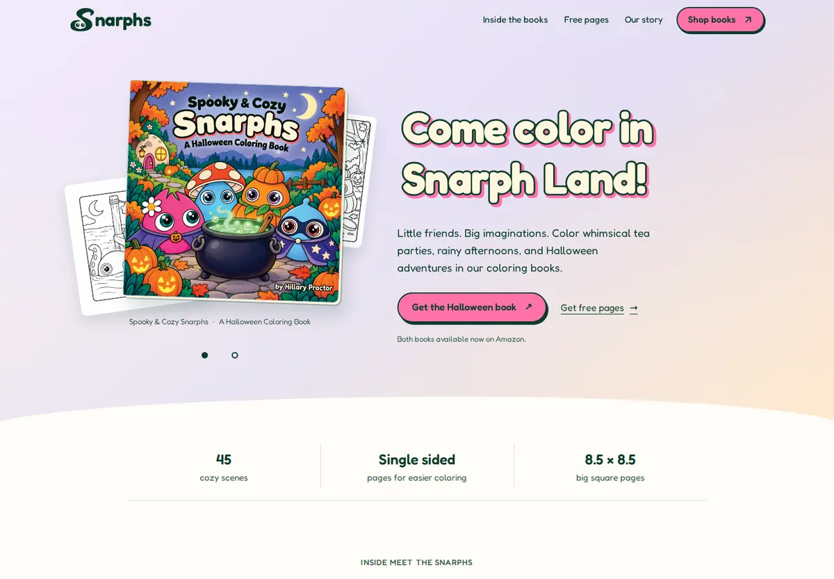 Actual Snarphs website with Hillary’s books and characters